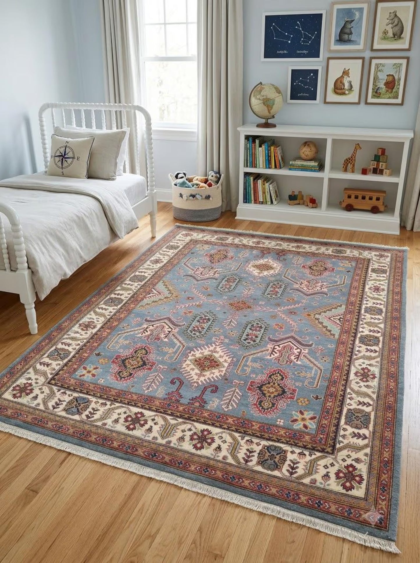 Hand-Knotted Wool Oushak Rug, Blue Tribal Area Carpet, Geometric Floral Modern Rug