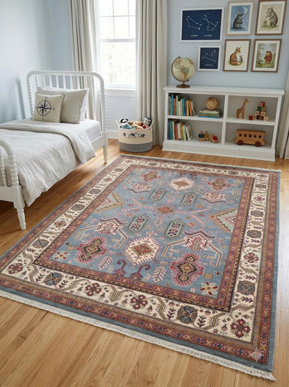 Hand-Knotted Wool Oushak Rug, Blue Tribal Area Carpet, Geometric Floral Modern Rug