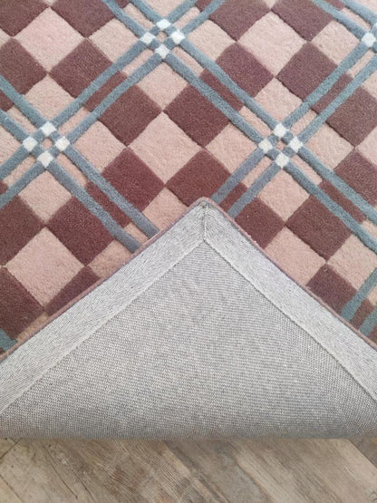 Hand Tufted Wool Runner Rug, Brown Beige Plaid Checkered Hallway Carpet