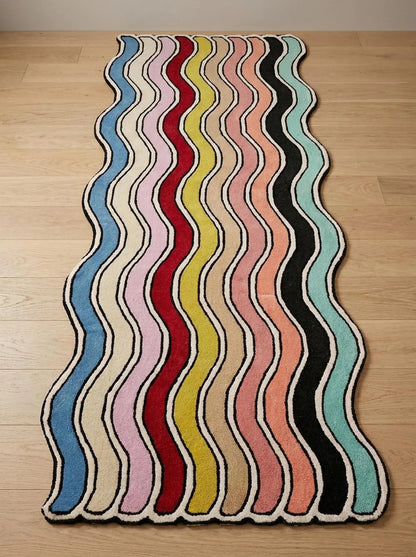 Hand Tufted Wool Runner Rug, Colorful Wavy Stripe Hallway Carpet
