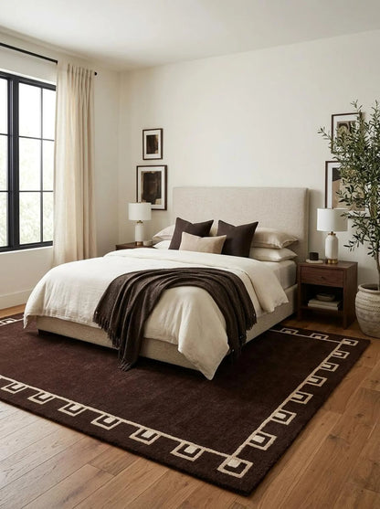 Hand-tufted Yves Bordered Wool Rug, Chocolate Brown Geometric Area Rug