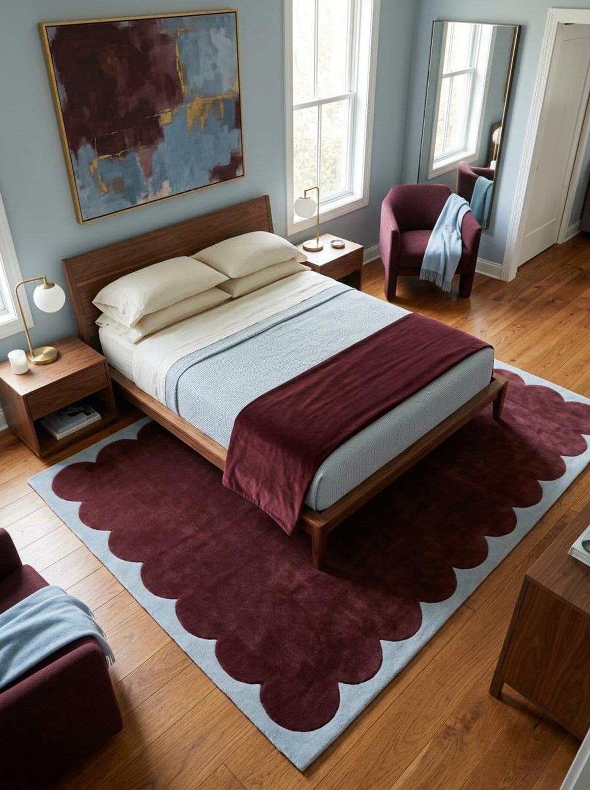 Burgundy Scalloped Area Rug, Maroon Wool Carpet, Handmade Bedroom Rug, Living Room Designer Rug