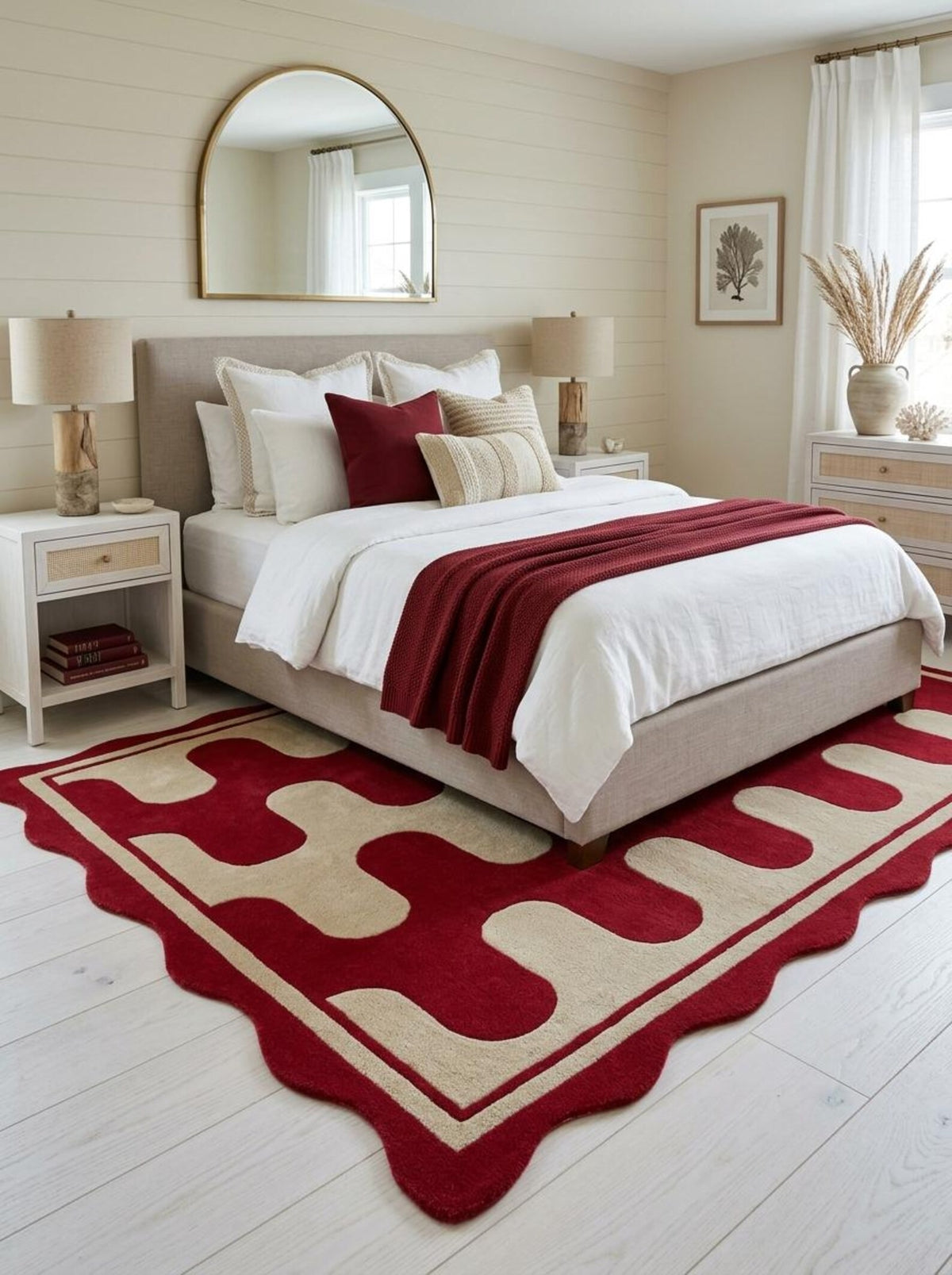 Hand Tufted Wool Rug, Red Cream Geometric Carpet, Wavy Scalloped Border Area Rug