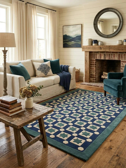 Blue Hand-Tufted Wool Rug,Custom Size Living Room Wool Carpet, Designer Carpet