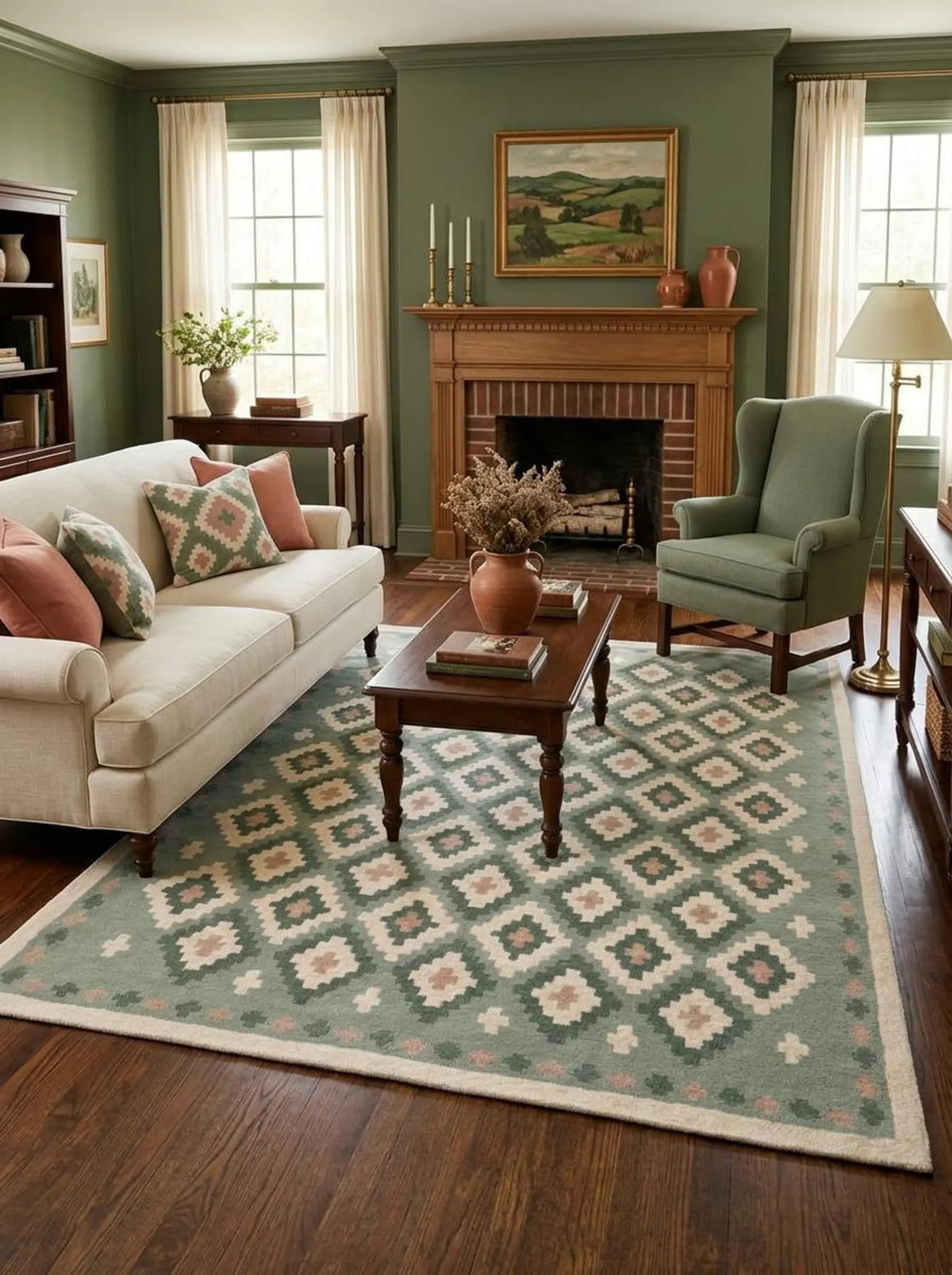 Pastel Green Hand Tufted Wool Rug, Geometric Diamond Pattern Carpet