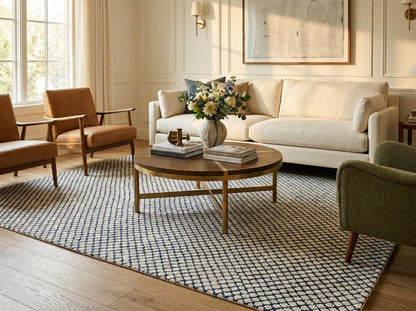 Blue & Ivory Hand Tufted Wool Rug, Modern Checkered Area Rug