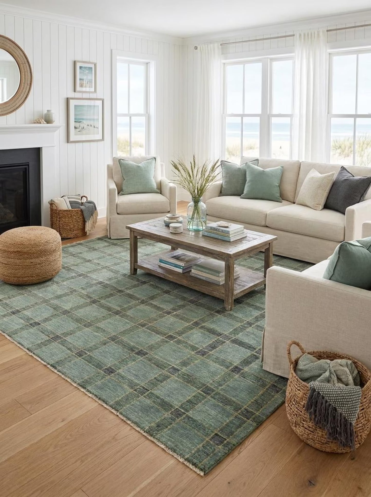 Hand-Knotted Wool Oushak Rug Sage Green Plaid Area Rug