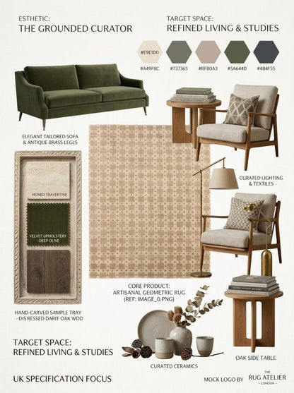 Hand-Knotted Beige Grid Plaid Neutral-Tone Rug