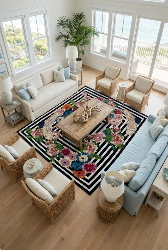 Hand-tufted Wool Rug, Japanese Crane Floral Area Rug, Black-and-White Geometric Striped Carpet