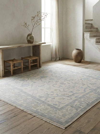Ivory Blue Floral Oushak Inspired Bedroom Living Room Decor rug