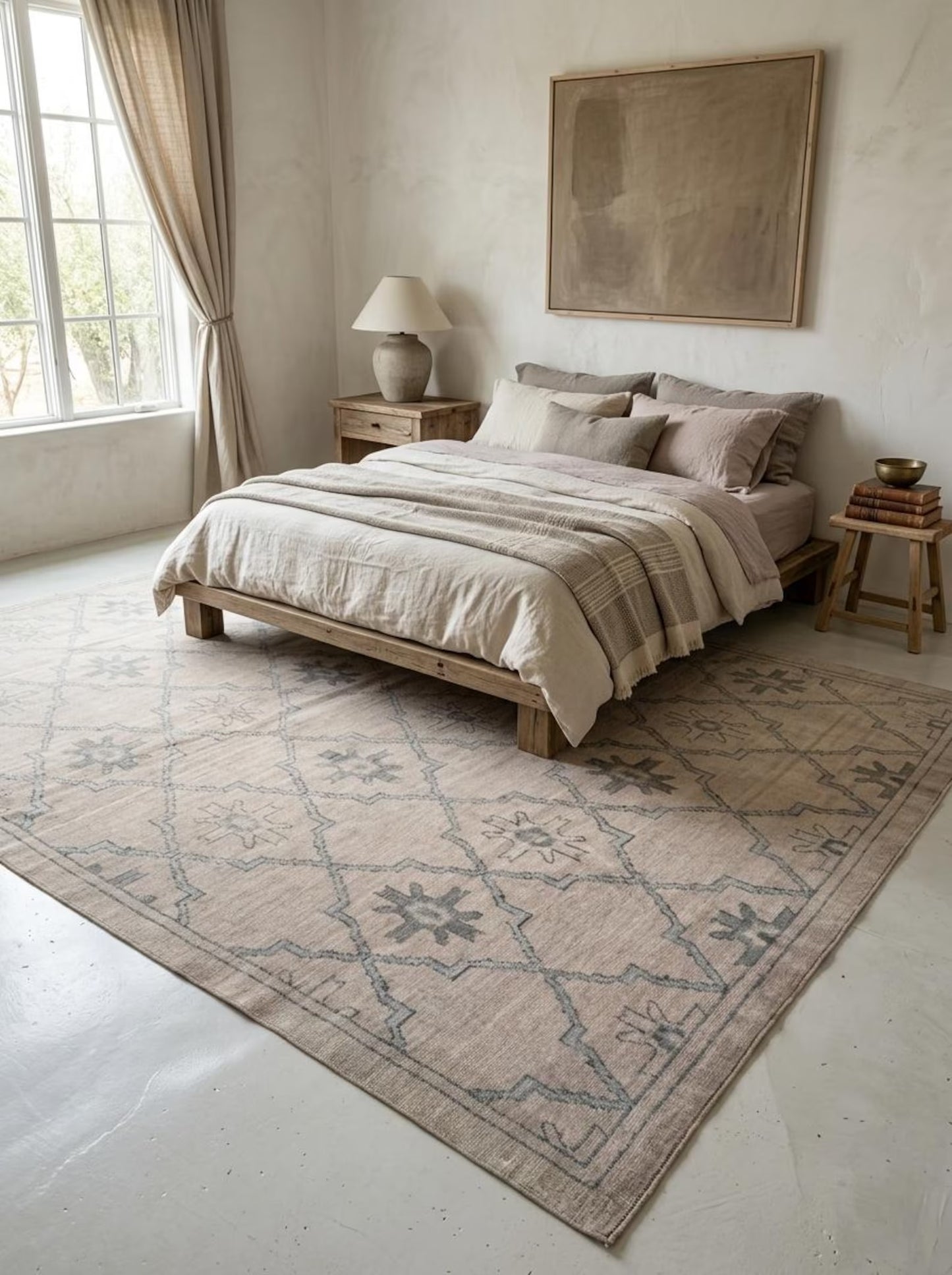 Neutral Diamond Lattice Hand Knotted Rug
