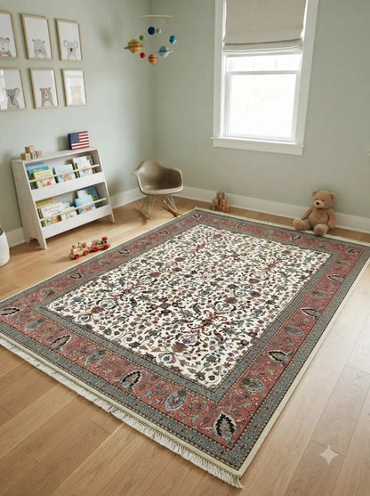 Traditional Botanical Pattern Red Ivory Designer Hand Knotted Floral Carpet