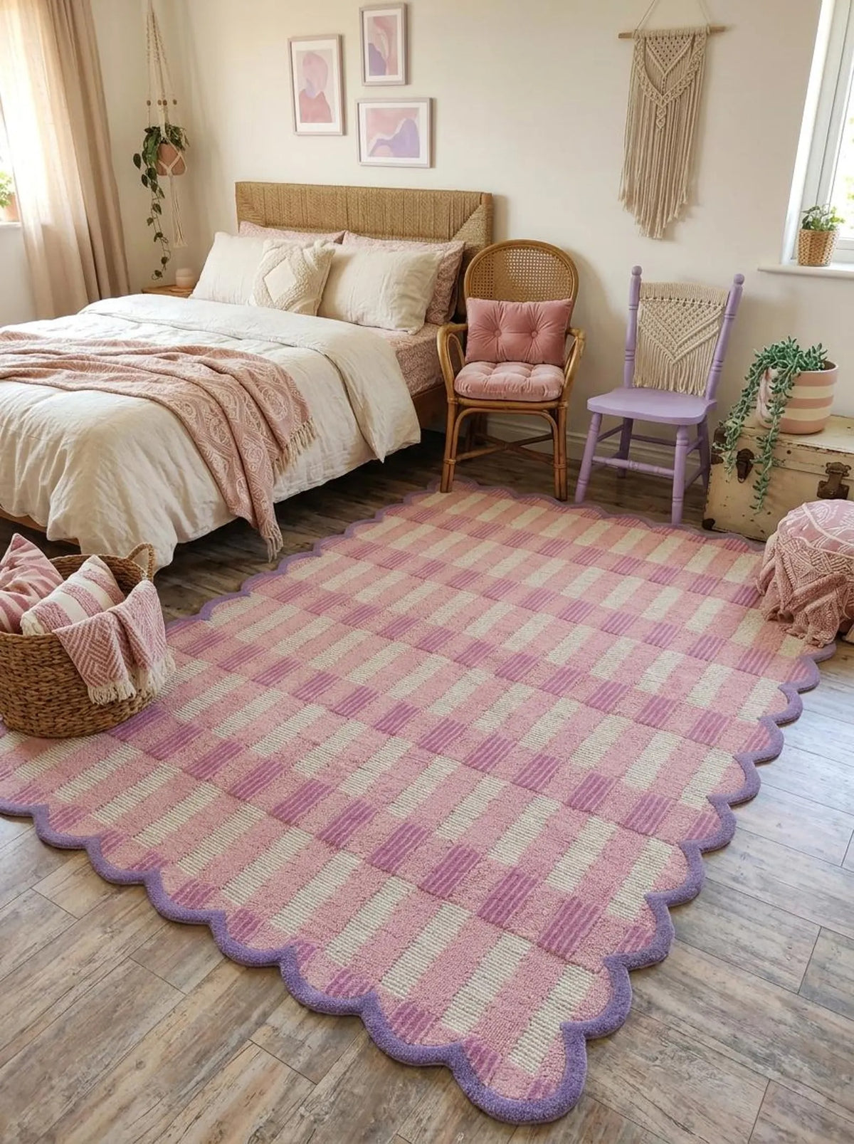 Pink Scalloped Hand-Tufted Rug, Modern Wool Area Carpet, Checkerboard Tufted Rug