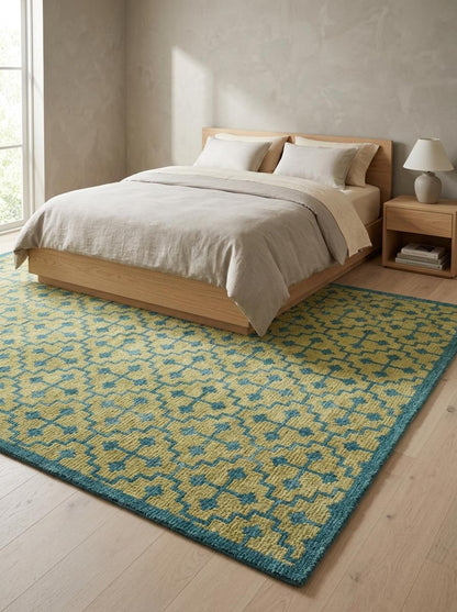 Teal Lattice Olive Diamond Hand Knotted Rug
