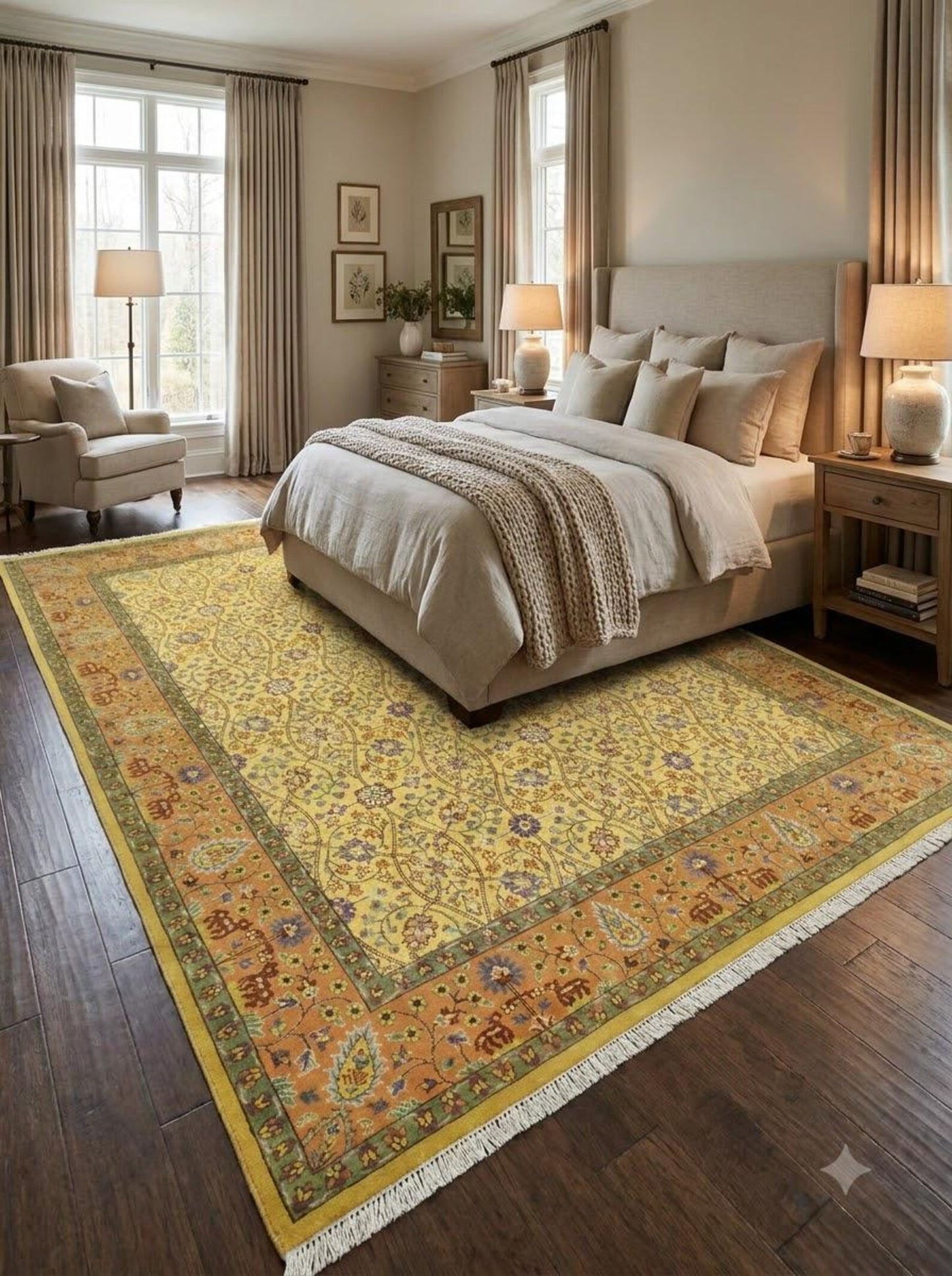 Hand-Knotted Wool Oushak Rug Gold Yellow Floral Carpet Rust Orange Border