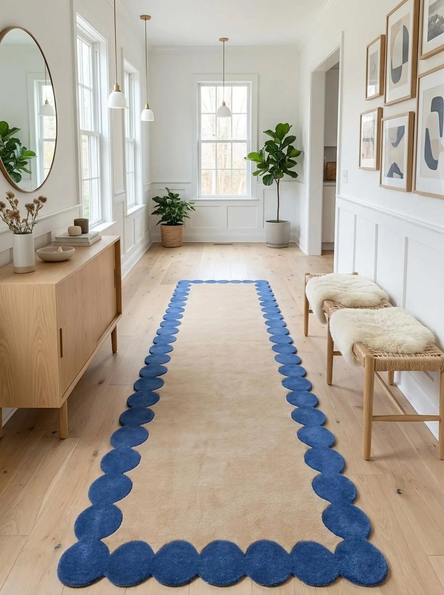 Blue Beige Hand Tufted Wool Runner Rug, Scalloped Edge Hallway Carpet