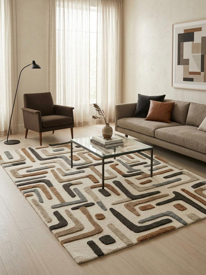 Hand Tufted Wool Carpet, Abstract Line Pattern Rug, Neutral Tone Area Rug