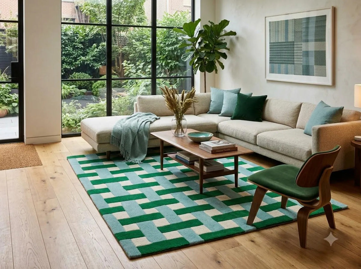 Hand Tufted Wool Carpet, Green, Basketweave, Geometric, Modern Area Rug