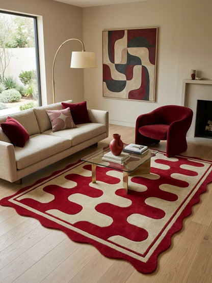 Hand Tufted Wool Rug, Red Cream Geometric Carpet, Wavy Scalloped Border Area Rug