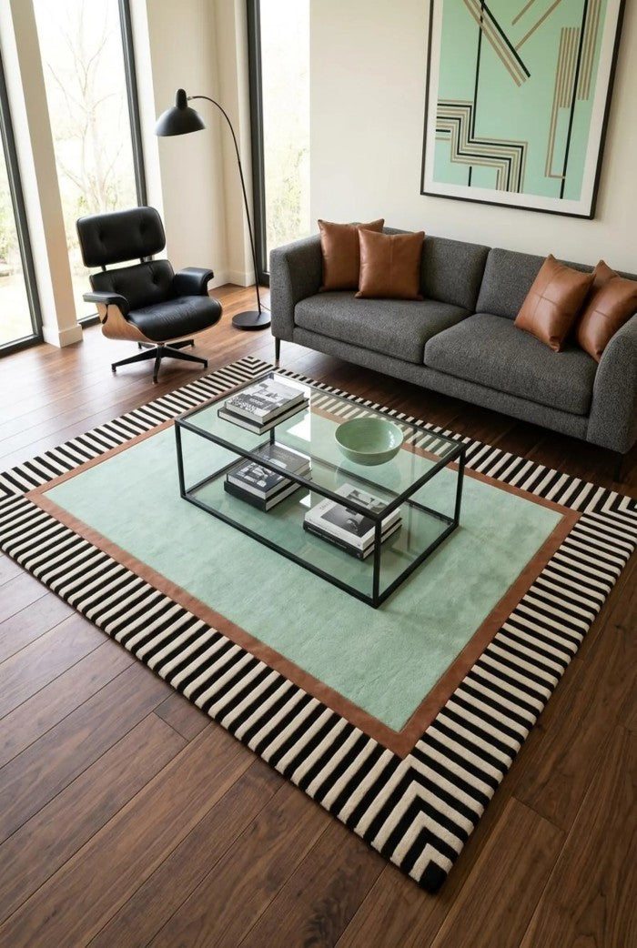 Hand Tufted Wool Rug, Mint Green Area Carpet, Black White Striped Border Rug, Modern Geometric Rug
