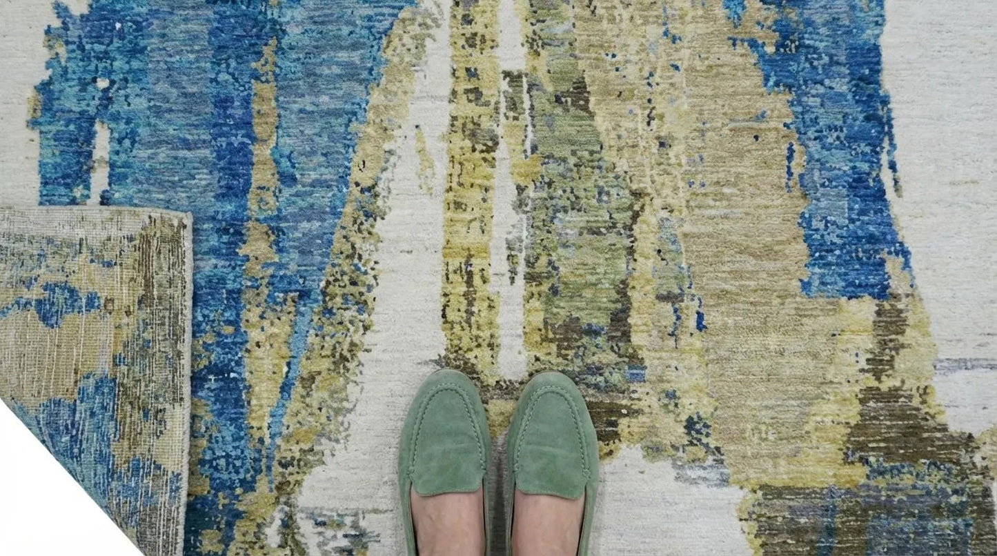 Modern Distressed Horizon Blue & Gold Wool Area Rug