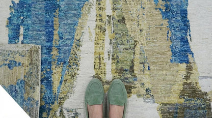 Modern Distressed Horizon Blue & Gold Wool Area Rug