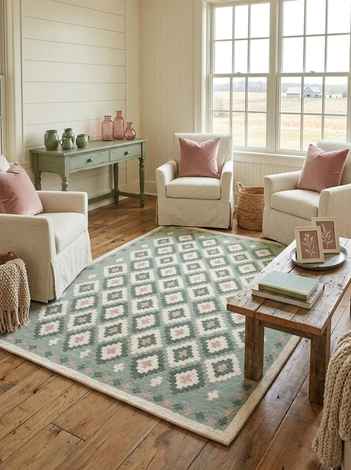 Pastel Green Hand Tufted Wool Rug, Geometric Diamond Pattern Carpet