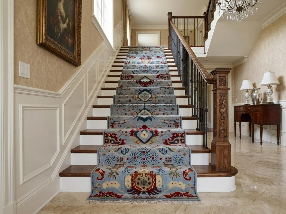 Light Blue Turkish Handmade Oriental Runner Rug