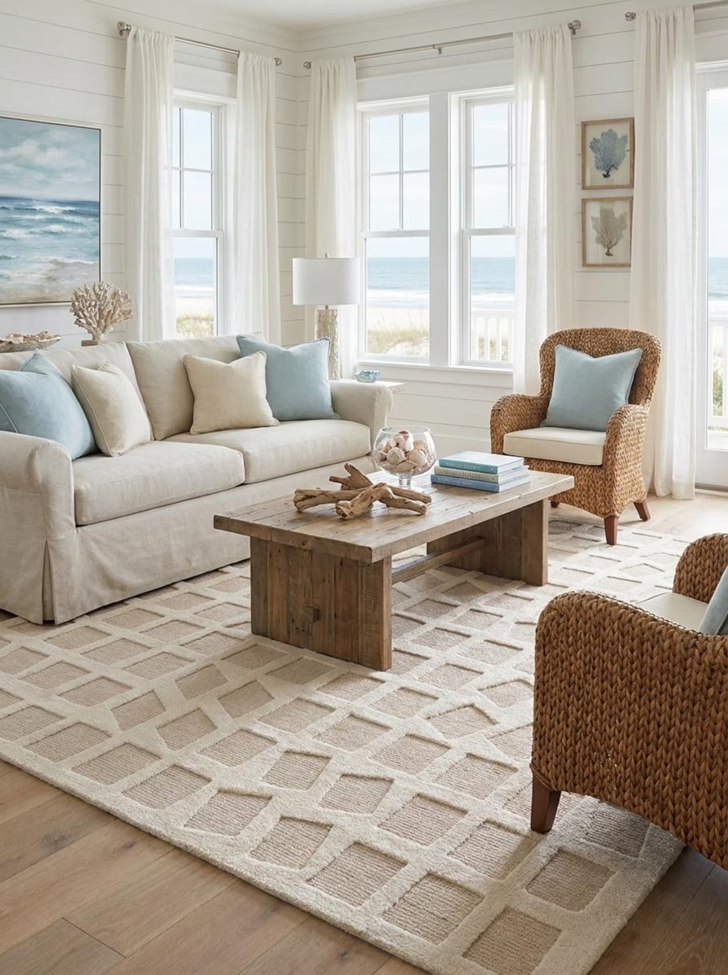 Geometric Grid Plaid Neutral-Tone Rug, Hand-Knotted Beige Wool Rug