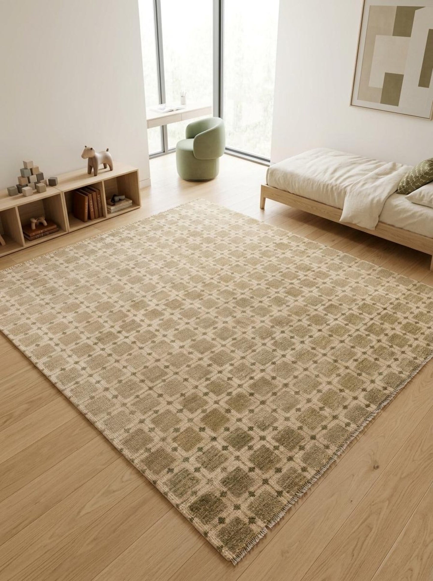 Hand-Knotted Beige Grid Plaid Neutral-Tone Rug