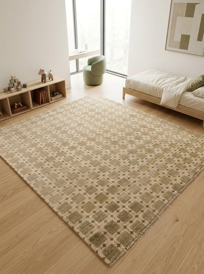 Hand-Knotted Beige Grid Plaid Neutral-Tone Rug