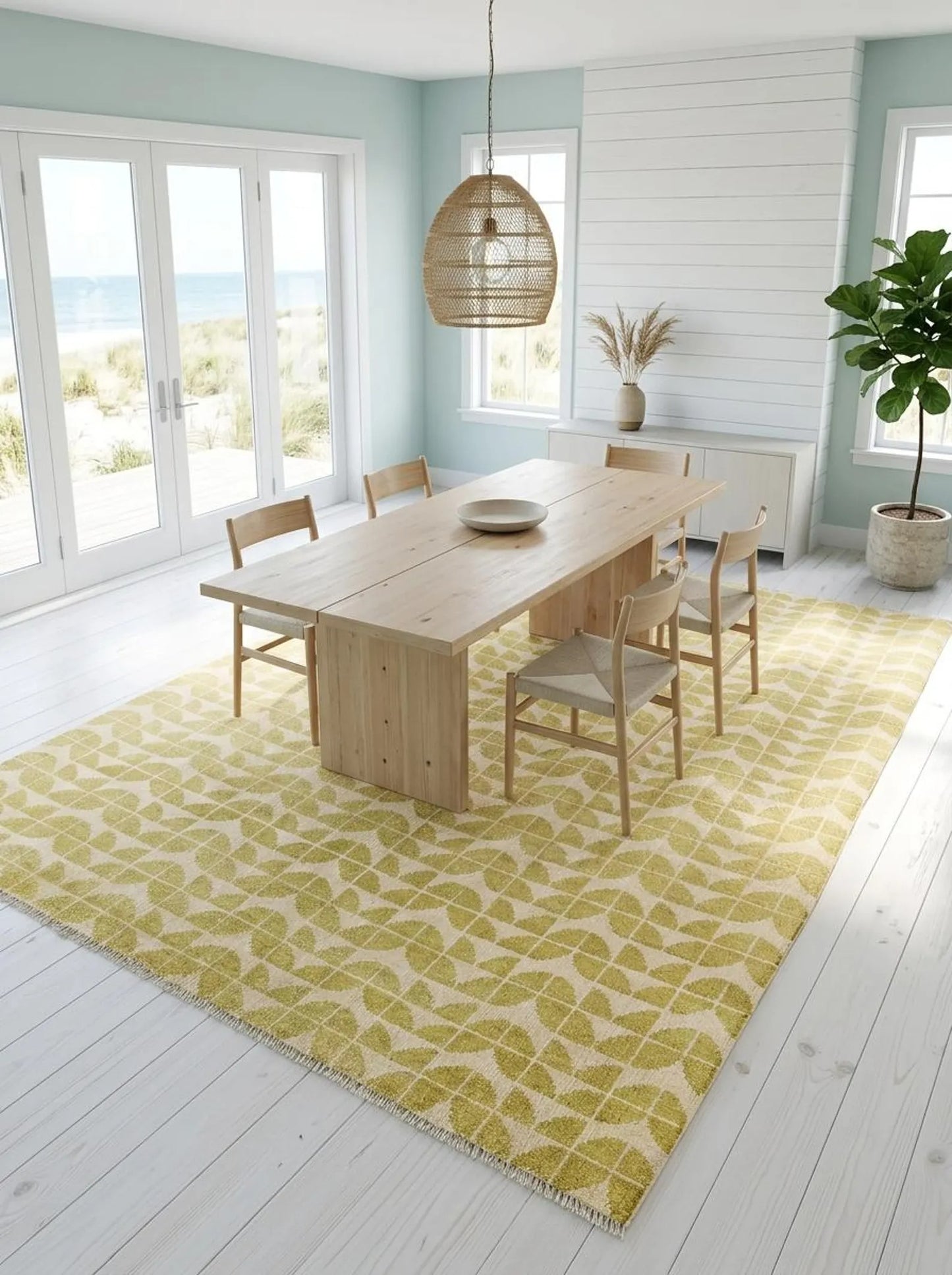 Modern Cream Leaf Pattern Hand Knotted Wool Oushak Rug