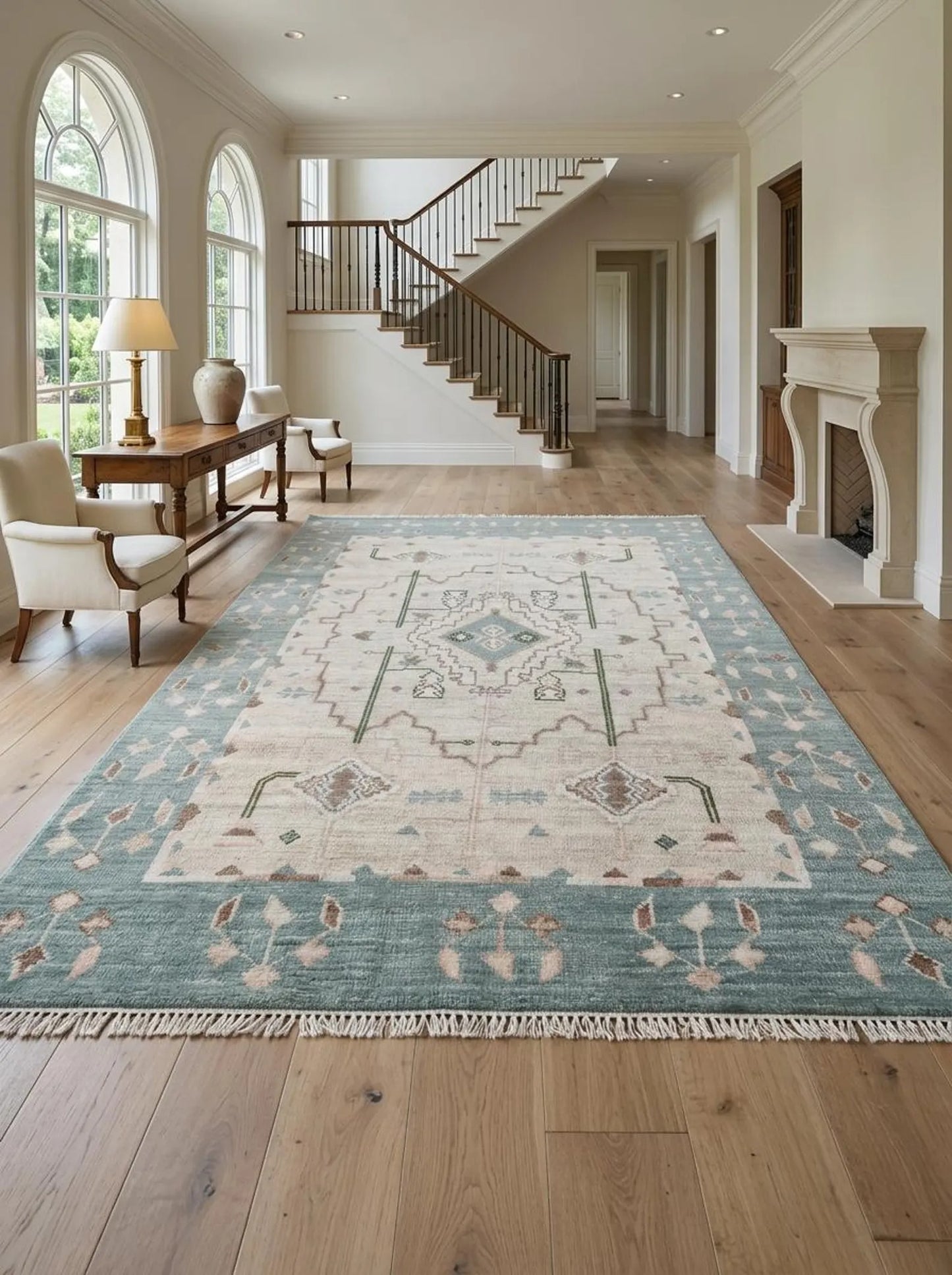 Muted Blue & Off White Medallion Rug Soft Pastel Aesthetic Carpet