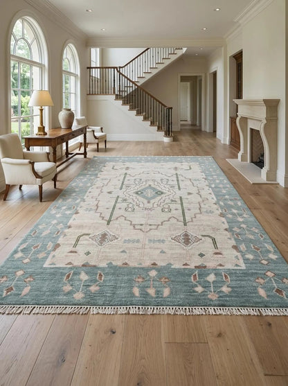 Muted Blue & Off White Medallion Rug Soft Pastel Aesthetic Carpet