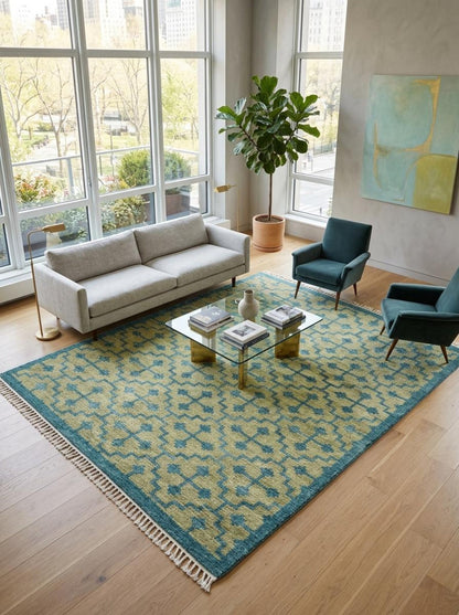 Teal Lattice Olive Diamond Hand Knotted Rug
