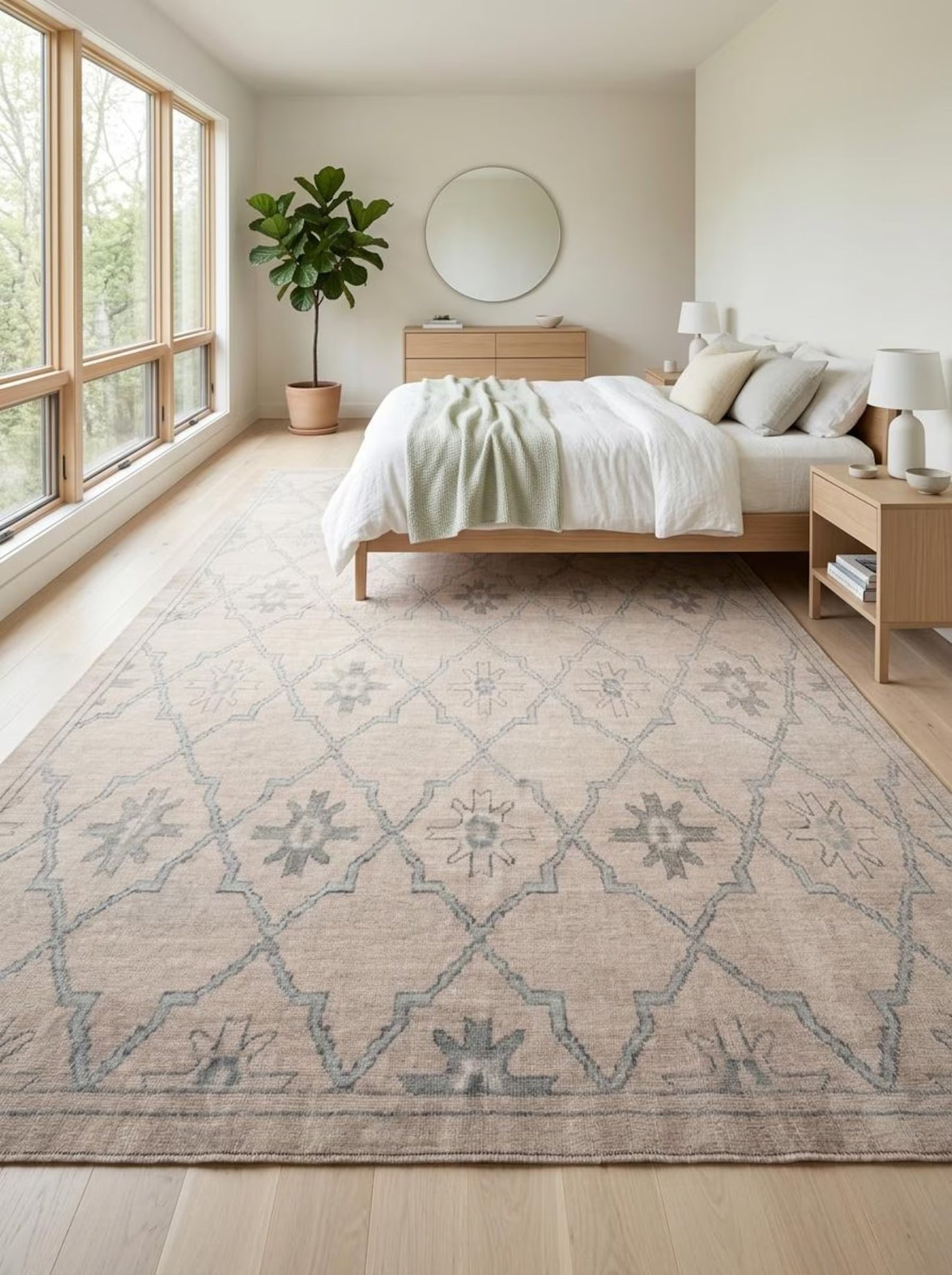 Neutral Diamond Lattice Hand Knotted Rug