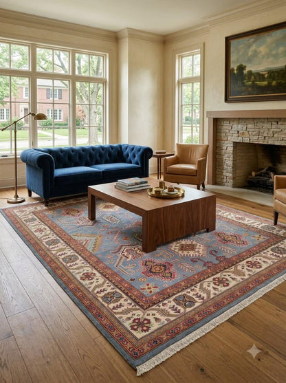Hand-Knotted Wool Oushak Rug, Blue Tribal Area Carpet, Geometric Floral Modern Rug