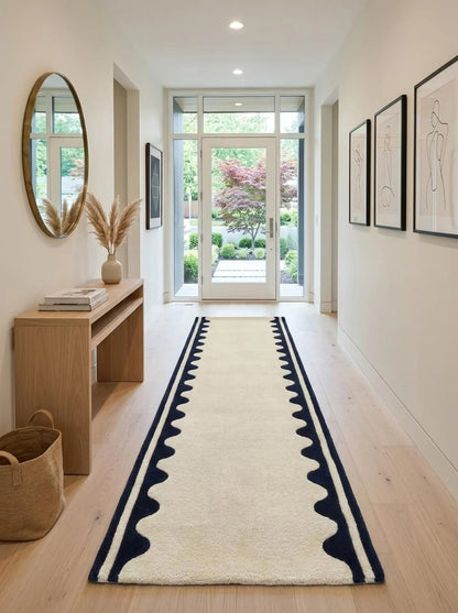 Hand Tufted Wool Runner Rug - Scalloped Navy Blue Border Ivory Hallway Carpet