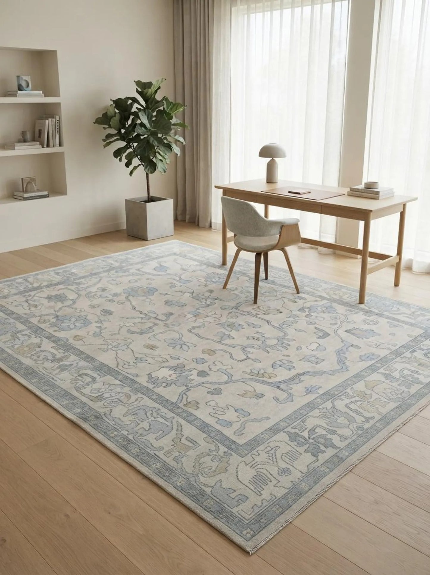 Ivory Blue Floral Oushak Inspired Bedroom Living Room Decor rug