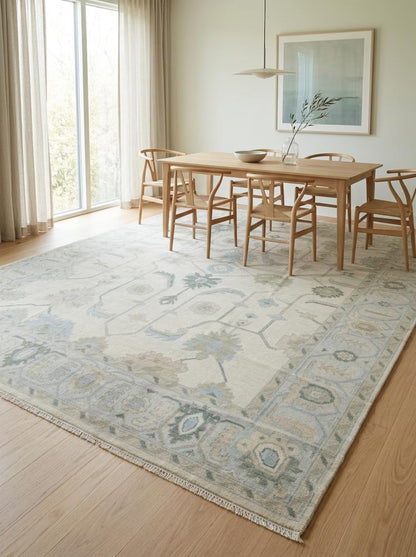 Hand Knotted Wool Ivory Floral Sage Green Blue Area Rug