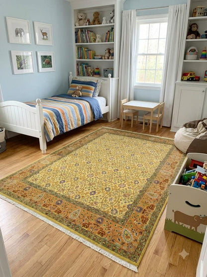 Hand-Knotted Wool Oushak Rug Gold Yellow Floral Carpet Rust Orange Border