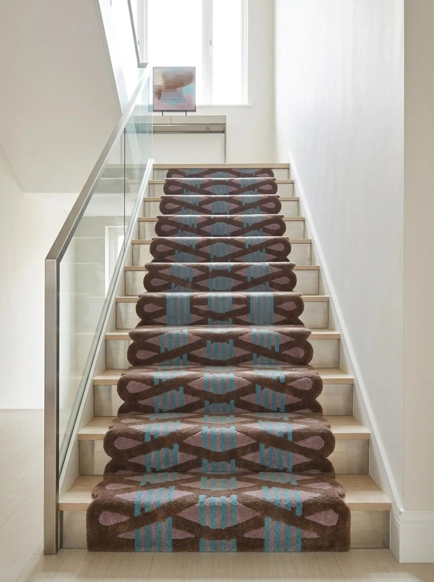 Hand Tufted Wool Runner Rug Scalloped Edge Brown Purple Teal  Stair Runner