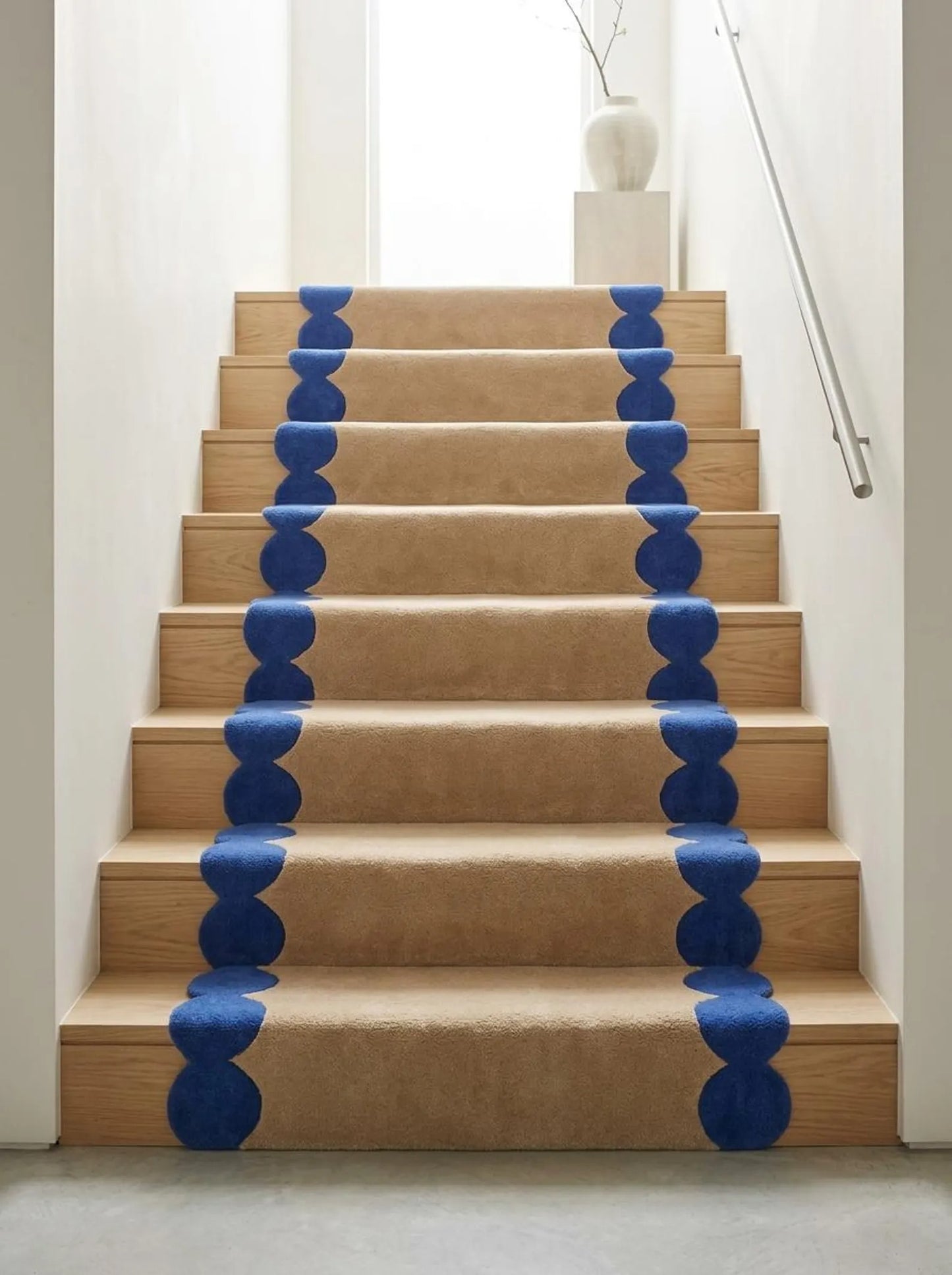 Blue Beige Hand Tufted Wool Runner Rug, Scalloped Edge Hallway Carpet