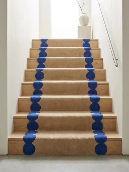 Blue Beige Hand Tufted Wool Runner Rug, Scalloped Edge Hallway Carpet