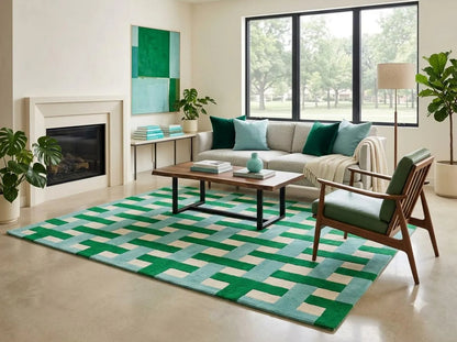 Hand Tufted Wool Carpet, Green, Basketweave, Geometric, Modern Area Rug