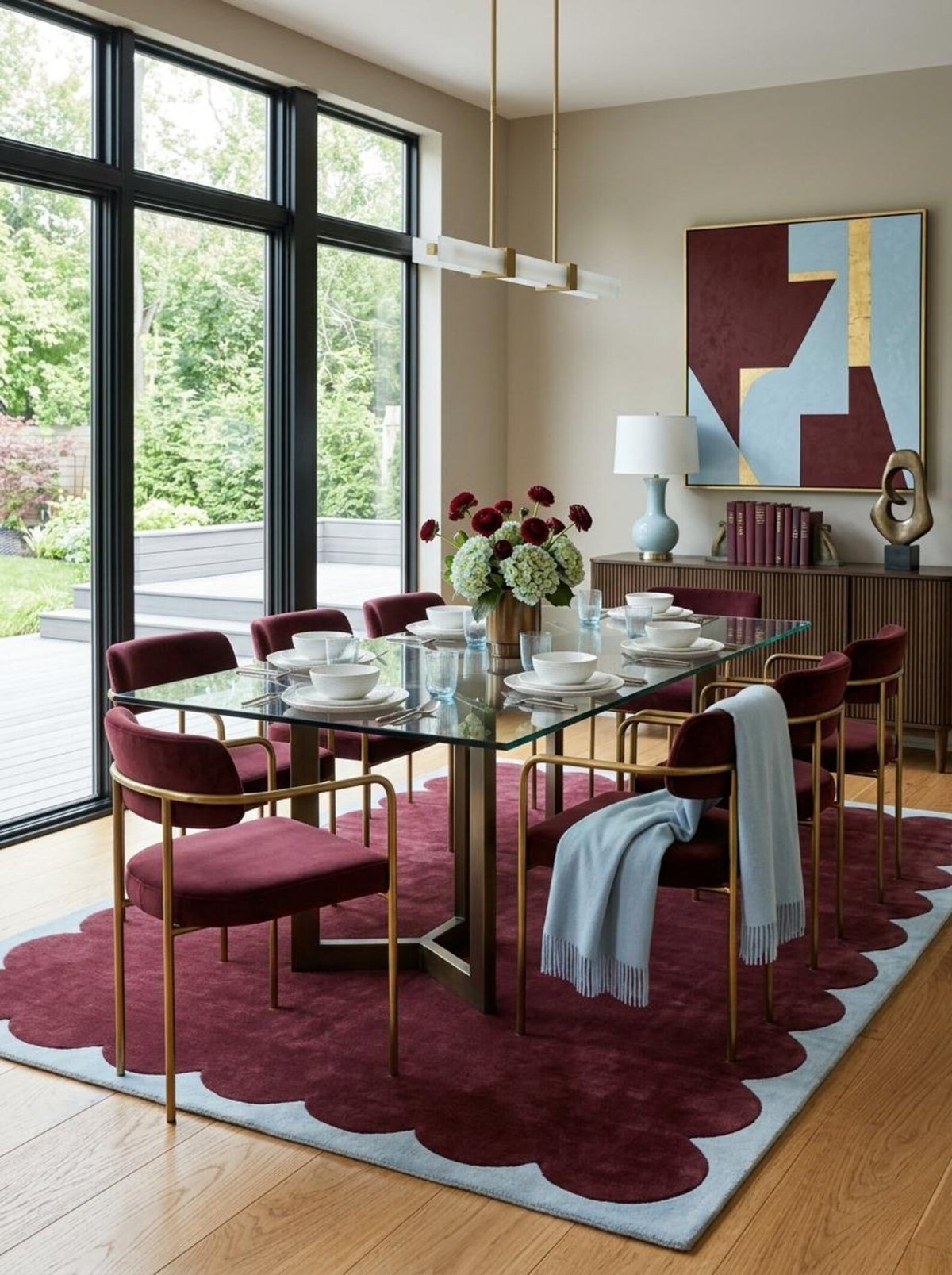 Burgundy Scalloped Area Rug, Maroon Wool Carpet, Handmade Bedroom Rug, Living Room Designer Rug