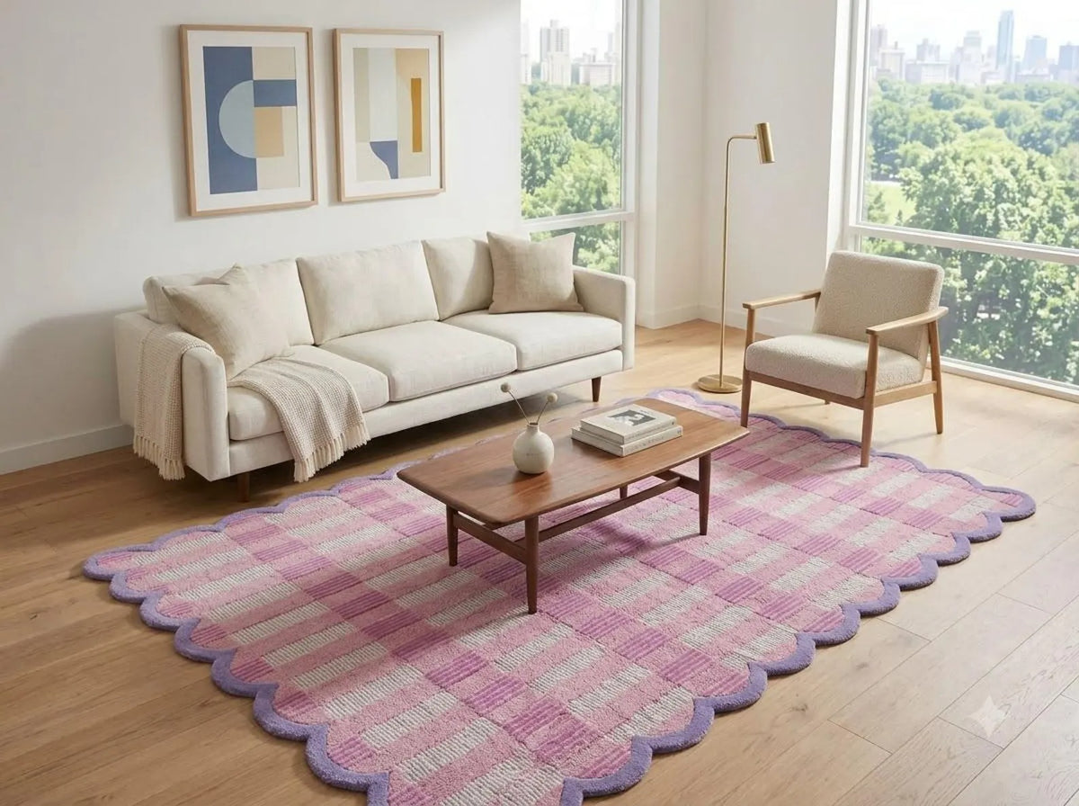 Pink Scalloped Hand-Tufted Rug, Modern Wool Area Carpet, Checkerboard Tufted Rug