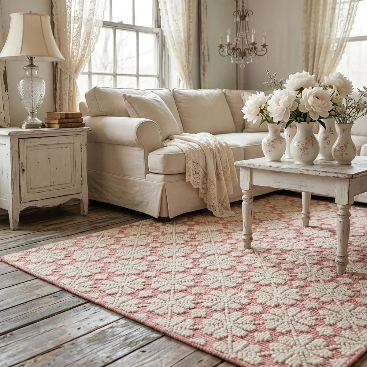 Pink Ivory Hand Tufted Wool Rug Contemporary Floral Living Room Rug | Bespoke Designer Wool Carpet