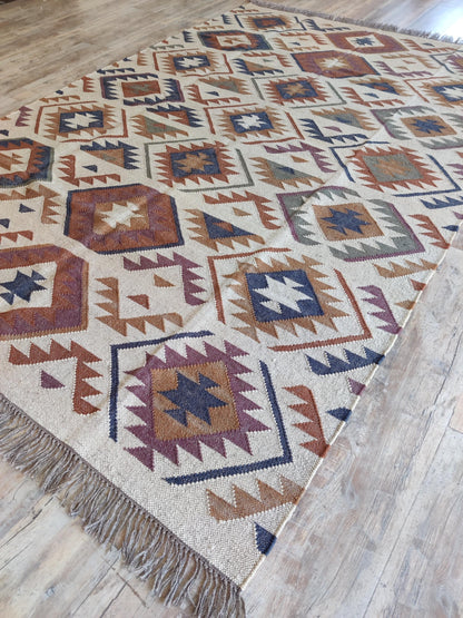 Beige and Earthy Tones Handwoven Kilim-Style Rug