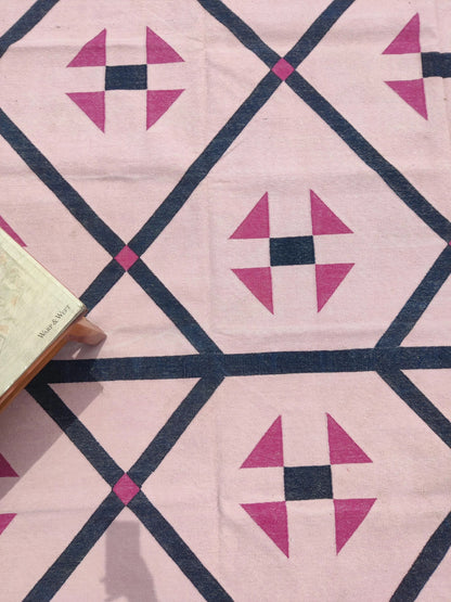 Blush Pink Geometric Navy Diamond Dhurrie rug